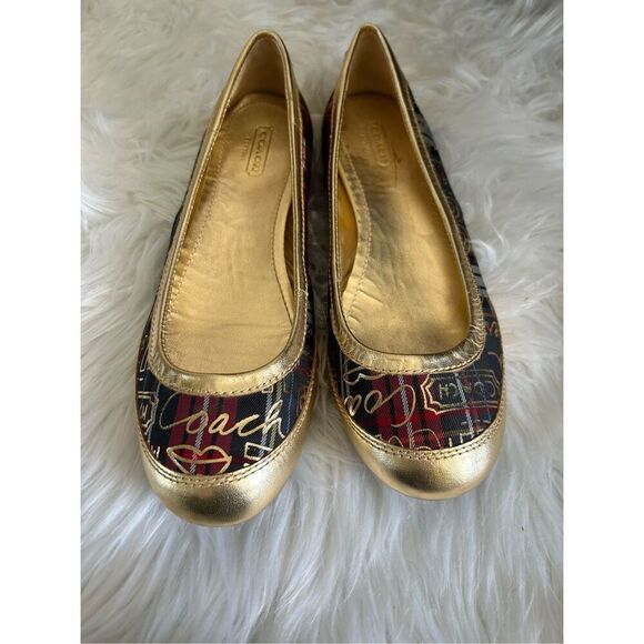 COACH Ballet Flats Gold Tartan Plaid True Graffiti Logo Shoes US 8 B Slip On - Picture 1 of 5